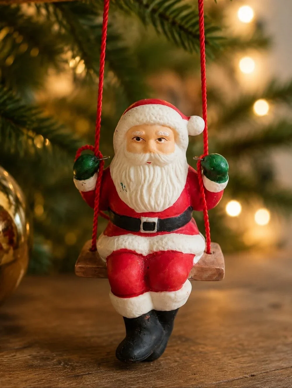 Vintage Santa on Swing Ceramic Christmas Ornament ROC Taiwan